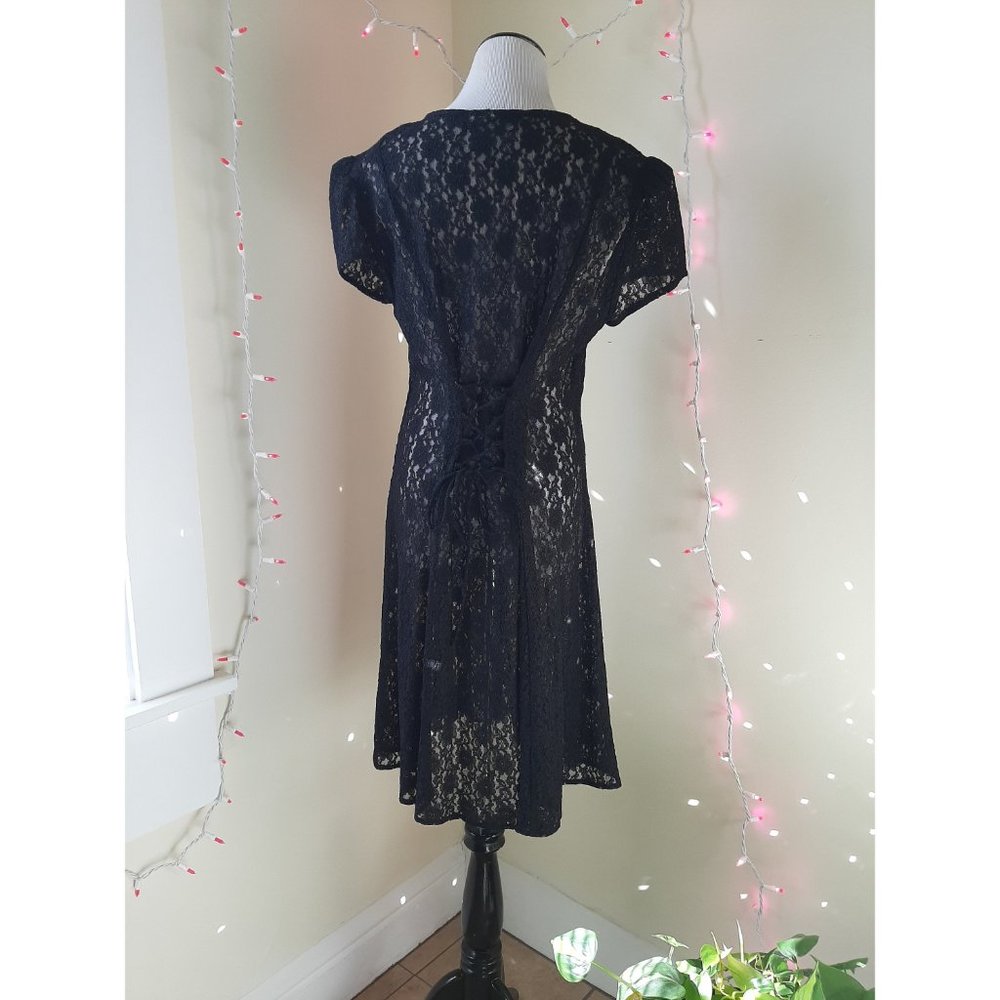 Vtg Black Sheer Lace Button Midi Dress Fit & Flare Whimsigoth 90s Corset Tie - Picture 6 of 10
